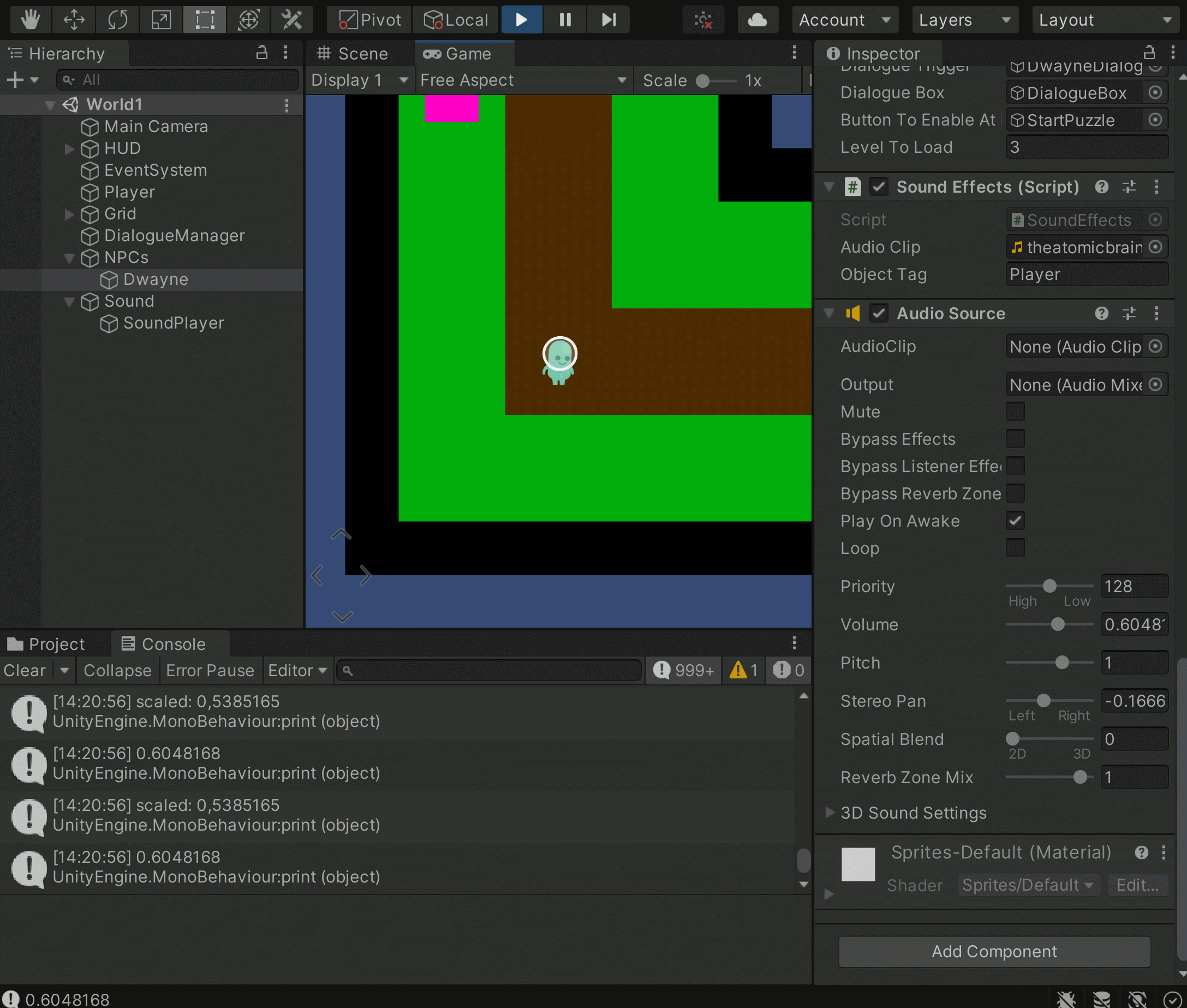 Gif of soundscript in action. Volume and panning settings change as player moves by the sound source. 
